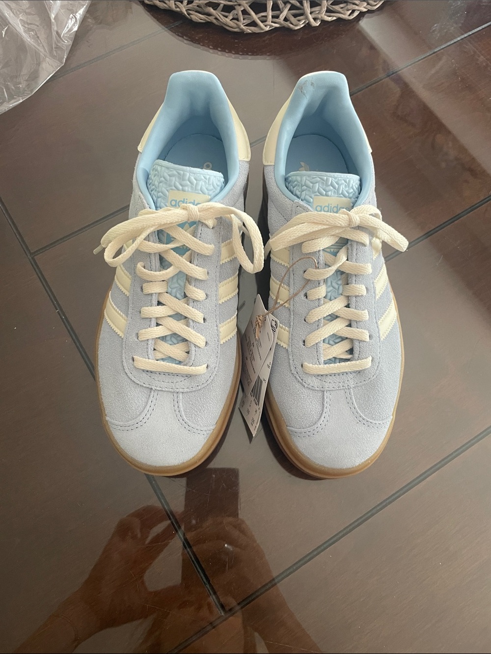 adidas Gazelle Platform Sneakers in Light Blue and White with Tan Sole - Picture 3 of 3